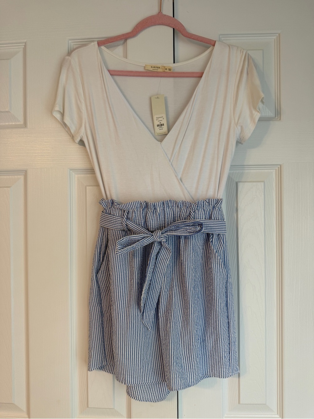 Harper White Top with Blue Striped Paperbag Waist Romper